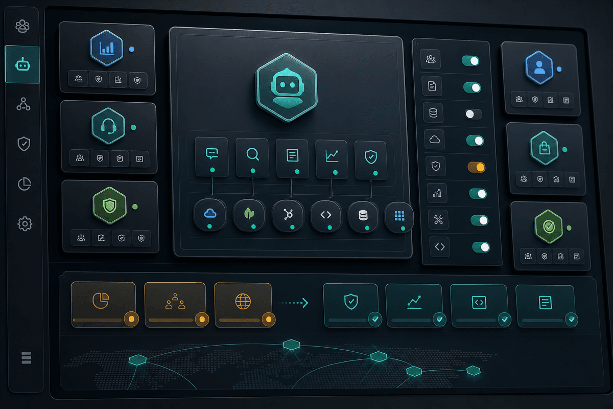 Agent builder surface with role cards, permission controls, and skill coverage panels.