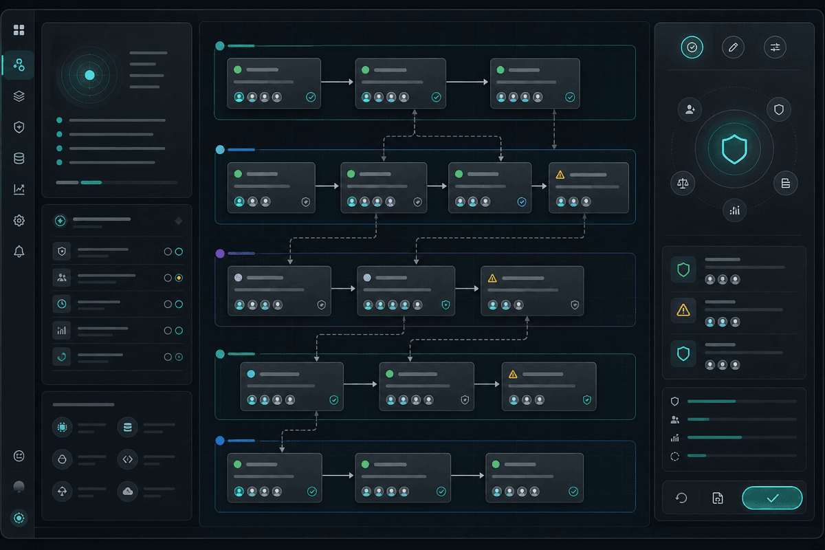 Plan board with ordered work cards, dependency lines, risk markers, and approval controls.
